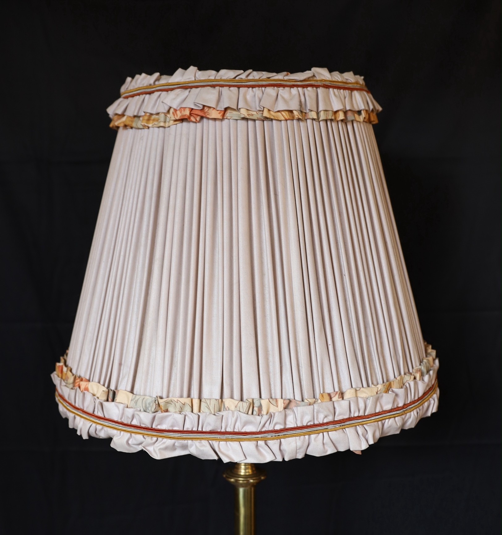 A late 19th century English brass and copper telescopic oil lamp standard converted to electricity, height 145cm. width of base 55cm.